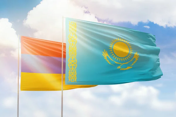 Sunny Blue Sky Flags Kazakhstan Armenia — Zdjęcie stockowe