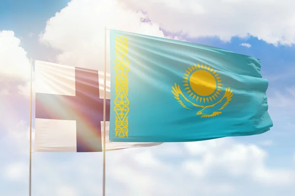 Sunny Blue Sky Flags Kazakhstan Finland — Fotografia de Stock