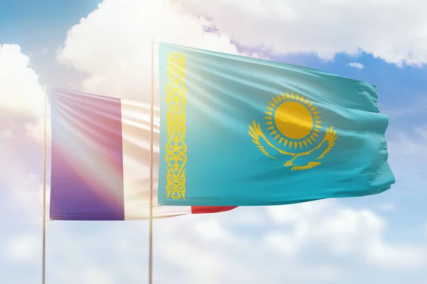 Sunny Blue Sky Flags Kazakhstan France — 스톡 사진