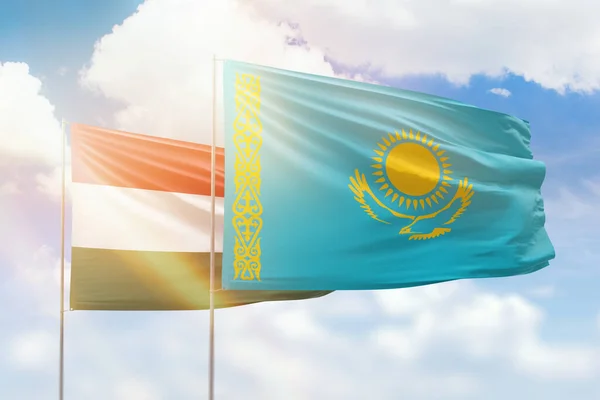 Sunny Blue Sky Flags Kazakhstan Hungary — 스톡 사진