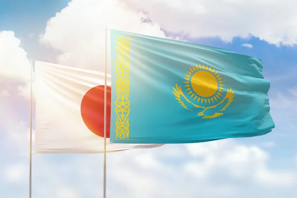 Sunny Blue Sky Flags Kazakhstan Japan — Zdjęcie stockowe