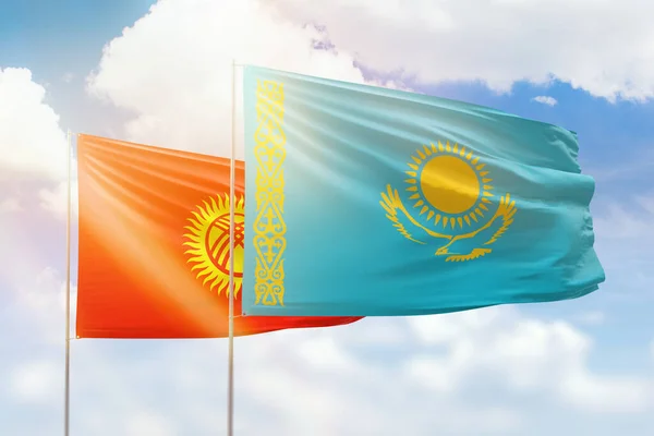 Sunny Blue Sky Flags Kazakhstan Kyrgyzstan — Stock Photo, Image