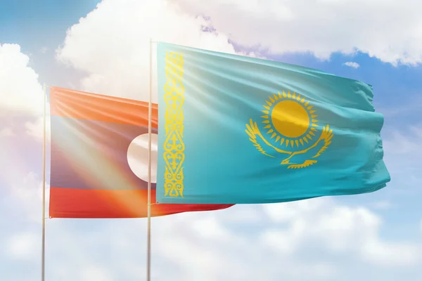 Sunny Blue Sky Flags Kazakhstan Laos — 스톡 사진