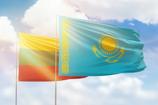 Sunny Blue Sky Flags Kazakhstan Lithuania — Zdjęcie stockowe