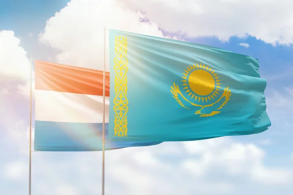 Sunny Blue Sky Flags Kazakhstan Luxembourg — Zdjęcie stockowe