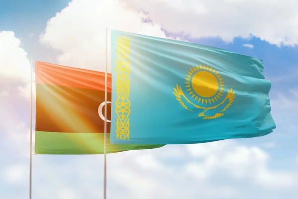 Sunny Blue Sky Flags Kazakhstan Libya — 스톡 사진