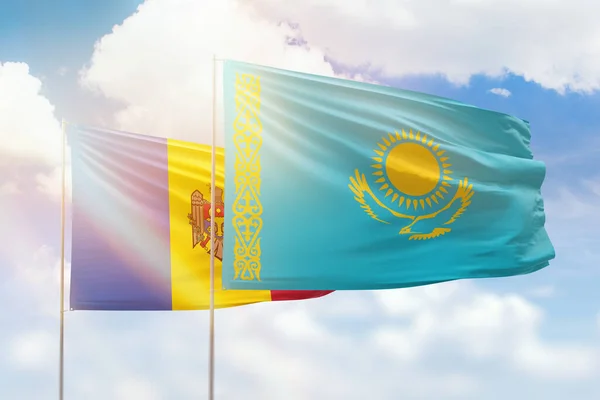 Sunny Blue Sky Flags Kazakhstan Moldova — Zdjęcie stockowe