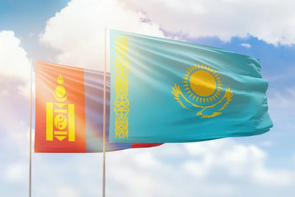 Sunny Blue Sky Flags Kazakhstan Mongolia — Zdjęcie stockowe