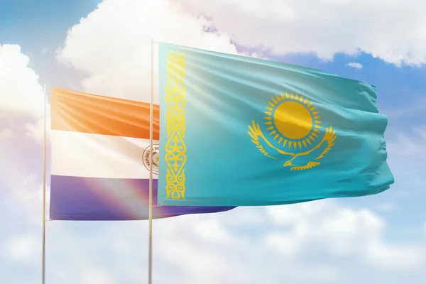 Sunny Blue Sky Flags Kazakhstan Paraguay — Zdjęcie stockowe