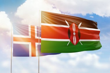 Sunny blue sky and flags of kenya and iceland