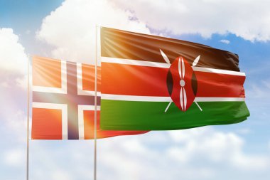 Sunny blue sky and flags of kenya and norway