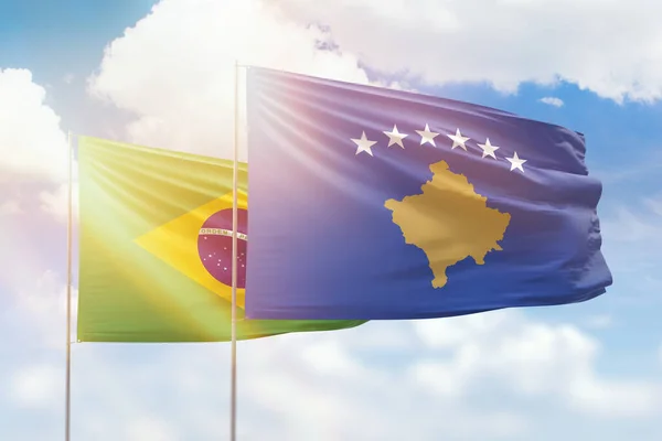 Sunny Blue Sky Flags Kosovo Brazil — Stock Photo, Image