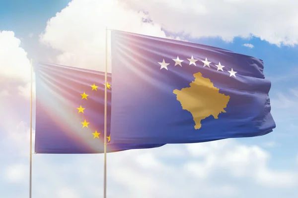 Sunny Blue Sky Flags Kosovo European Union — 图库照片