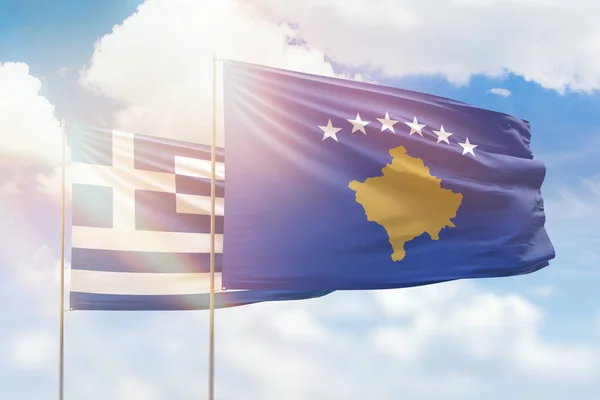 Sunny Blue Sky Flags Kosovo Greece — Stok fotoğraf