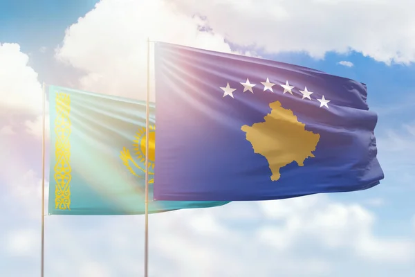 Sunny Blue Sky Flags Kosovo Kazakhstan — 图库照片