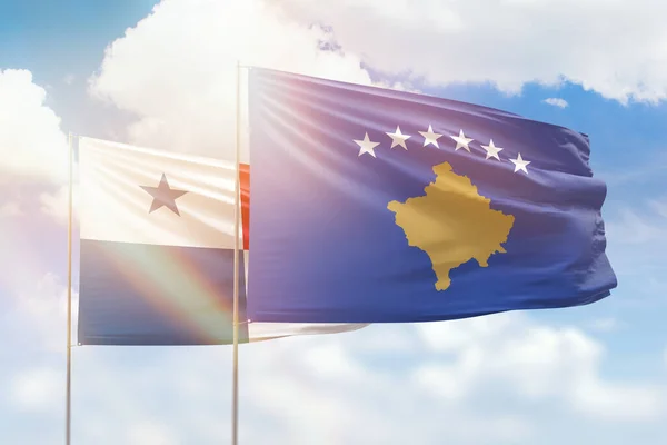 Sunny Blue Sky Flags Kosovo Panama — 图库照片