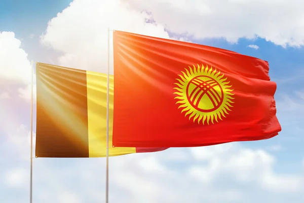 Sunny Blue Sky Flags Kyrgyzstan Belgium — Foto Stock