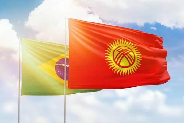 Sunny Blue Sky Flags Kyrgyzstan Brazil — Stock Photo, Image