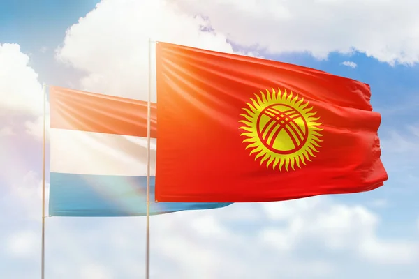 Sunny Blue Sky Flags Kyrgyzstan Luxembourg — Stock Photo, Image