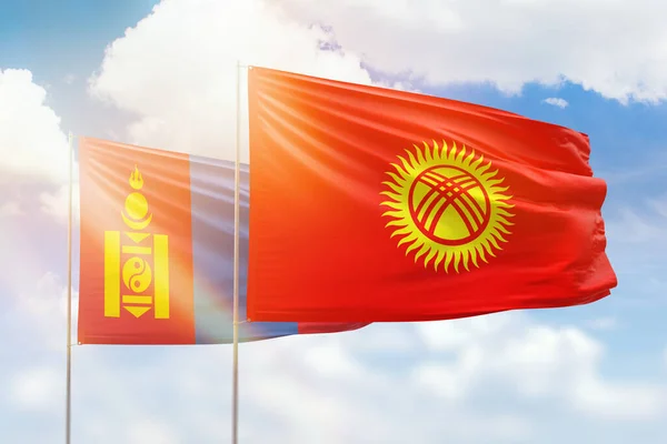 Sunny Blue Sky Flags Kyrgyzstan Mongolia — Stockfoto