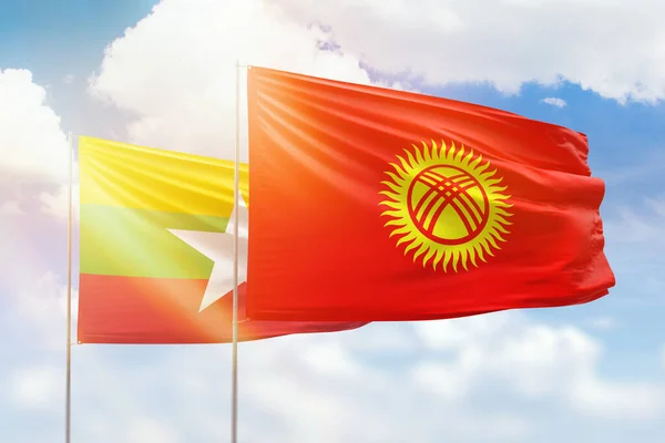 Sunny Blue Sky Flags Kyrgyzstan Myanmar — Stock Photo, Image