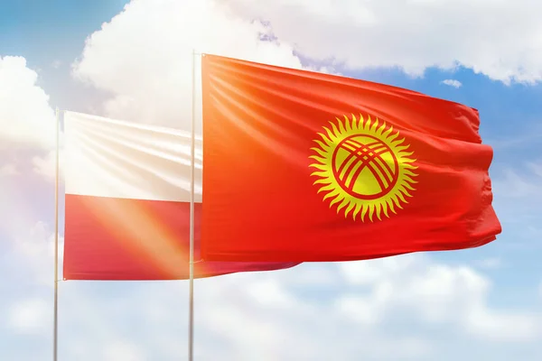 Sunny Blue Sky Flags Kyrgyzstan Poland — Stock Photo, Image
