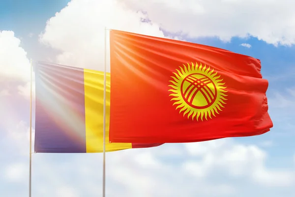 Sunny Blue Sky Flags Kyrgyzstan Romania — Stock Photo, Image
