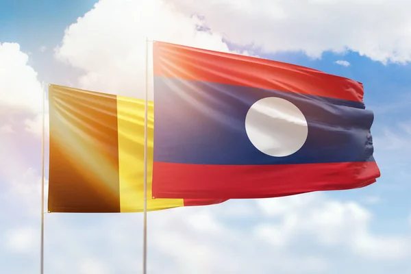 Sunny Blue Sky Flags Laos Belgium — Stock Fotó