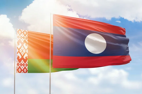 Sunny Blue Sky Flags Laos Belarus — 图库照片