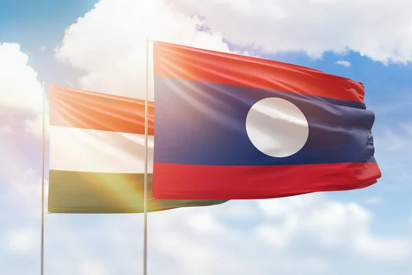 Sunny Blue Sky Flags Laos Hungary — Stockfoto