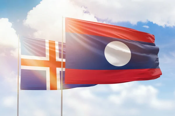 Sunny Blue Sky Flags Laos Iceland — 图库照片