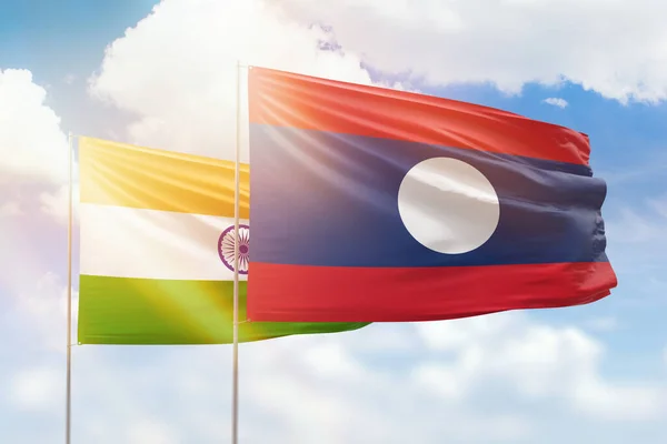 Sunny Blue Sky Flags Laos India — 图库照片