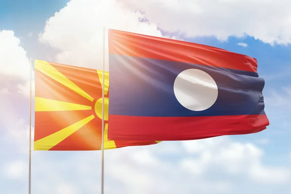 Sunny Blue Sky Flags Laos North Macedonia — 图库照片