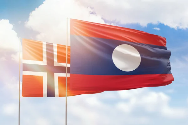 Sunny Blue Sky Flags Laos Norway — 图库照片