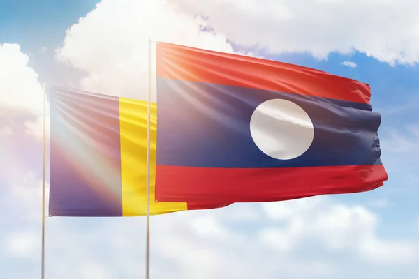 Sunny Blue Sky Flags Laos Romania — Stock Fotó