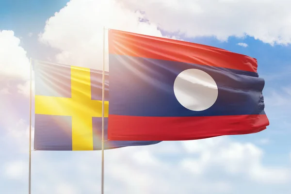 Sunny Blue Sky Flags Laos Sweden — 图库照片