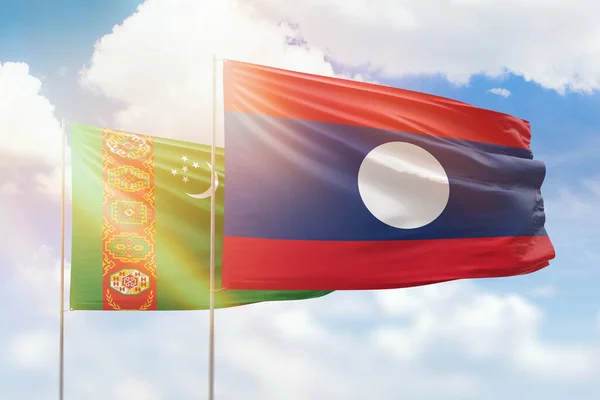 Sunny Blue Sky Flags Laos Turkmenistan — 图库照片