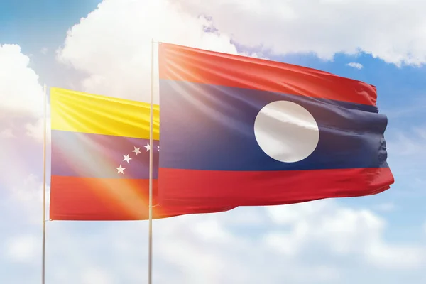 Sunny Blue Sky Flags Laos Venezuela — 图库照片