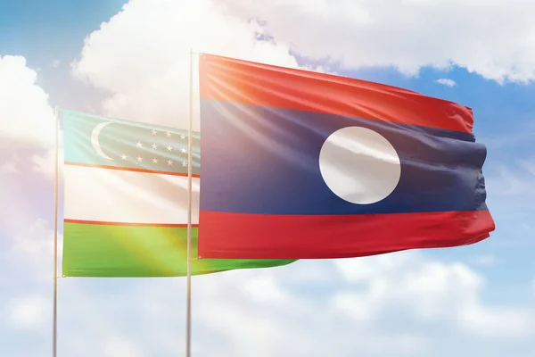 Sunny Blue Sky Flags Laos Uzbekistan — 图库照片