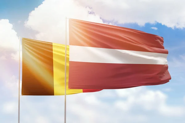 Sunny Blue Sky Flags Latvia Belgium — Stock fotografie