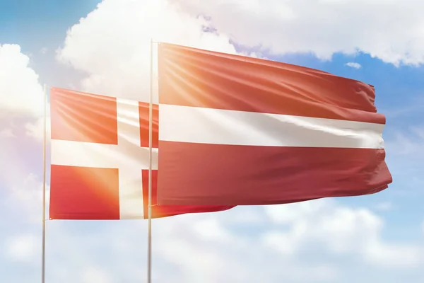 Sunny Blue Sky Flags Latvia Denmark —  Fotos de Stock