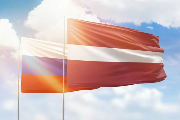 Sunny Blue Sky Flags Latvia Russia — Zdjęcie stockowe