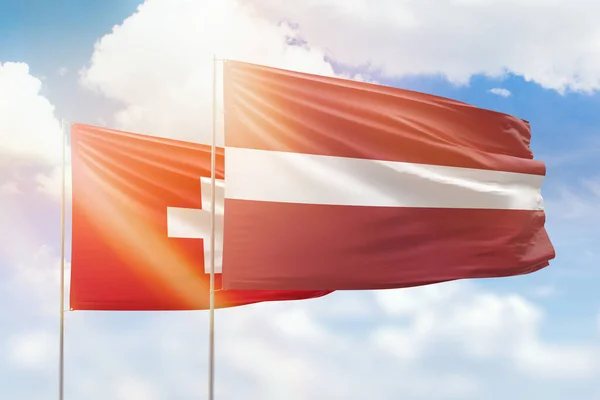 Sunny Blue Sky Flags Latvia Switzerland — 스톡 사진