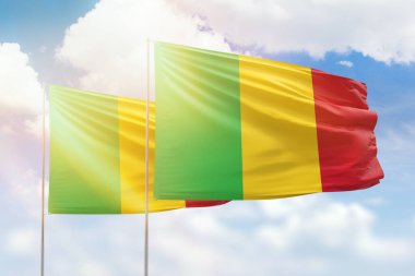 Sunny blue sky and flags of mali and mali