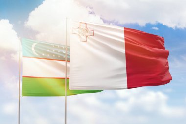 Sunny blue sky and flags of malta and uzbekistan