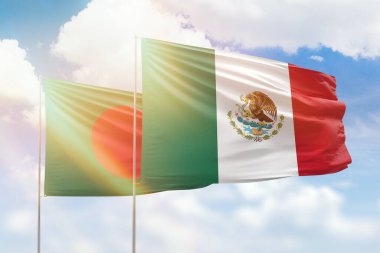 Sunny blue sky and flags of mexico and bangladesh