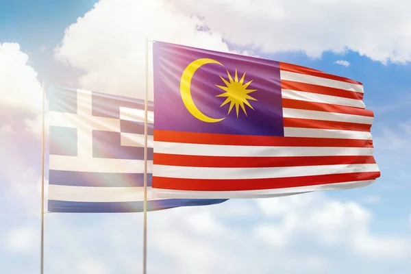 Sunny Blue Sky Flags Malaysia Greece — Stock Photo, Image