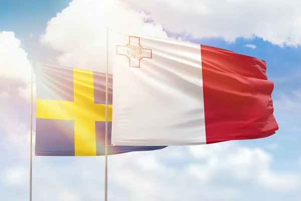 Sunny Blue Sky Flags Malta Sweden — Stockfoto