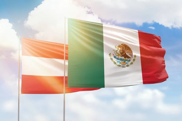 Sunny Blue Sky Flags Mexico Austria — Stok fotoğraf