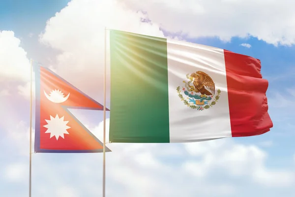 Sunny Blue Sky Flags Mexico Nepal —  Fotos de Stock